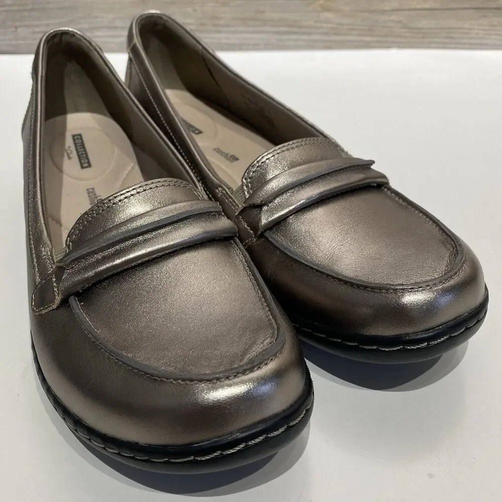 Clarks Ashland Lily Loafers Slip On Shoes Pewter Metallic Leather Women’s 11
